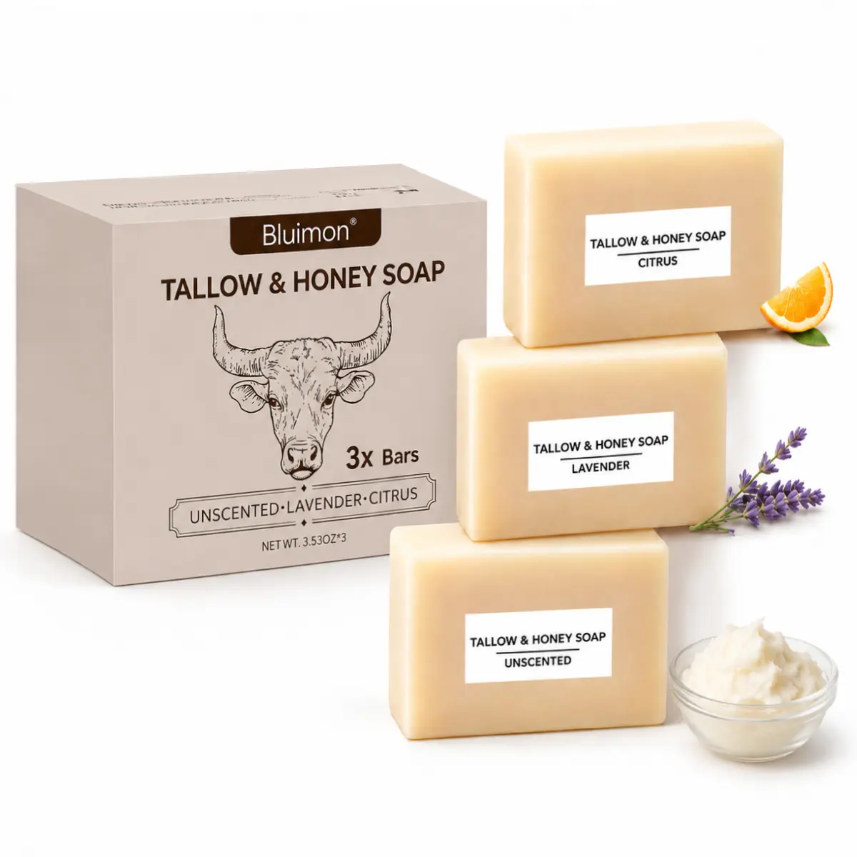 3 Bars Handmade Tallow & Honey Soap , 3 Fragrances, Nourishing Bath Bar, Rich Creamy Lather, Easy to Rinse, Gentle Soap for Daily Whole Body Cleansing