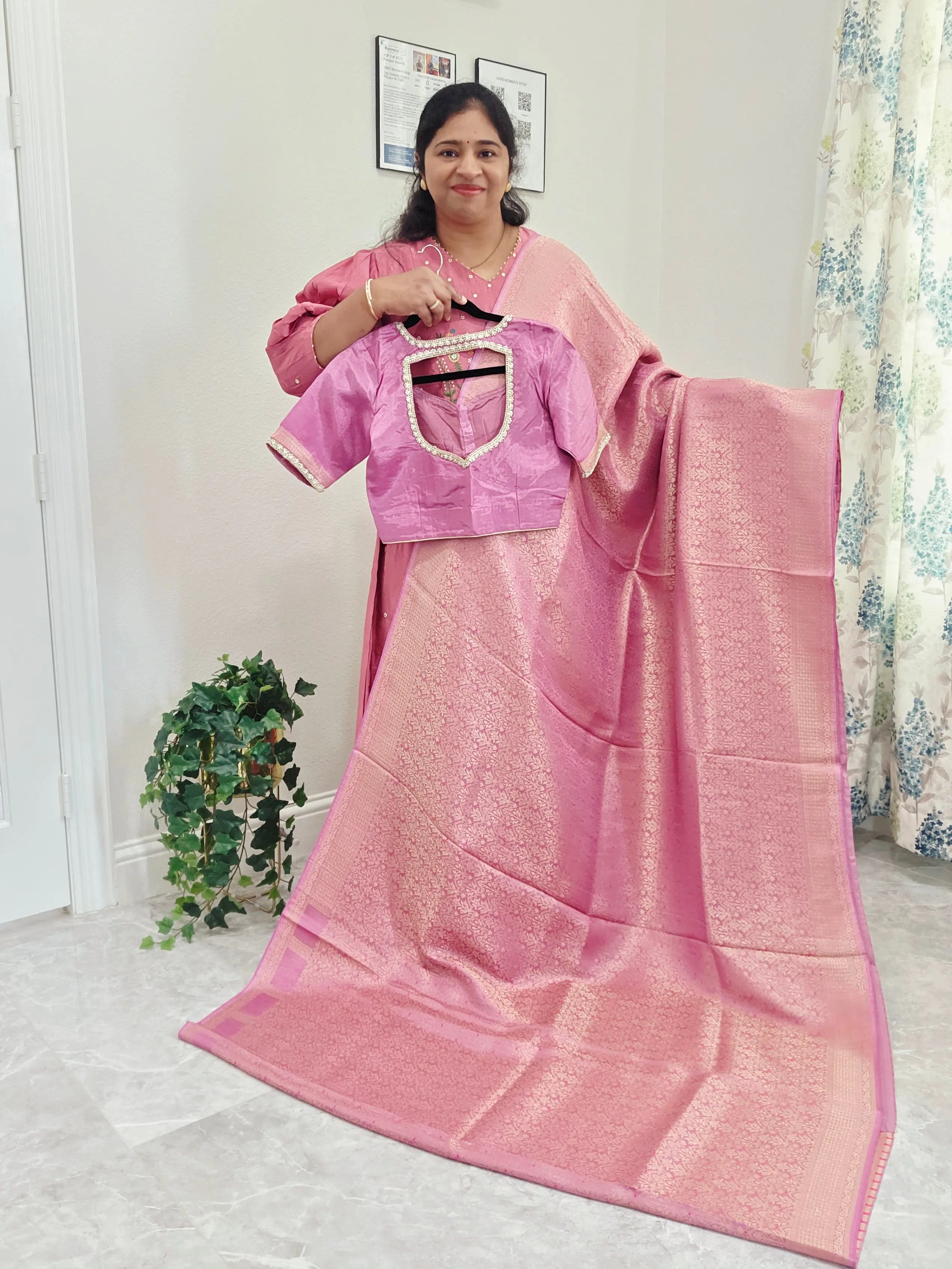 Royal Mauve Pink H.O Crepe Silk Saree with All Over Gold Brocade & Stitched Blouse