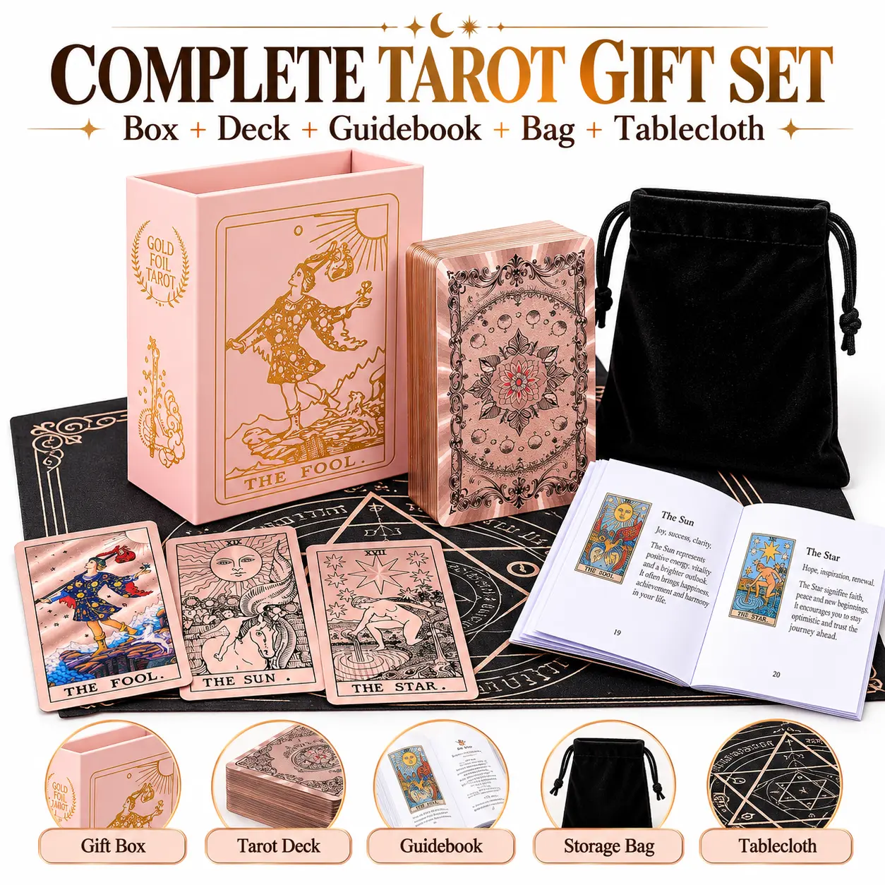 Complete Tarot Cards Gift Set with Guidebook, Storage Bag & Tarot Tablecloth, Classic Tarot Deck for Beginners, Witchy Divination Card Game