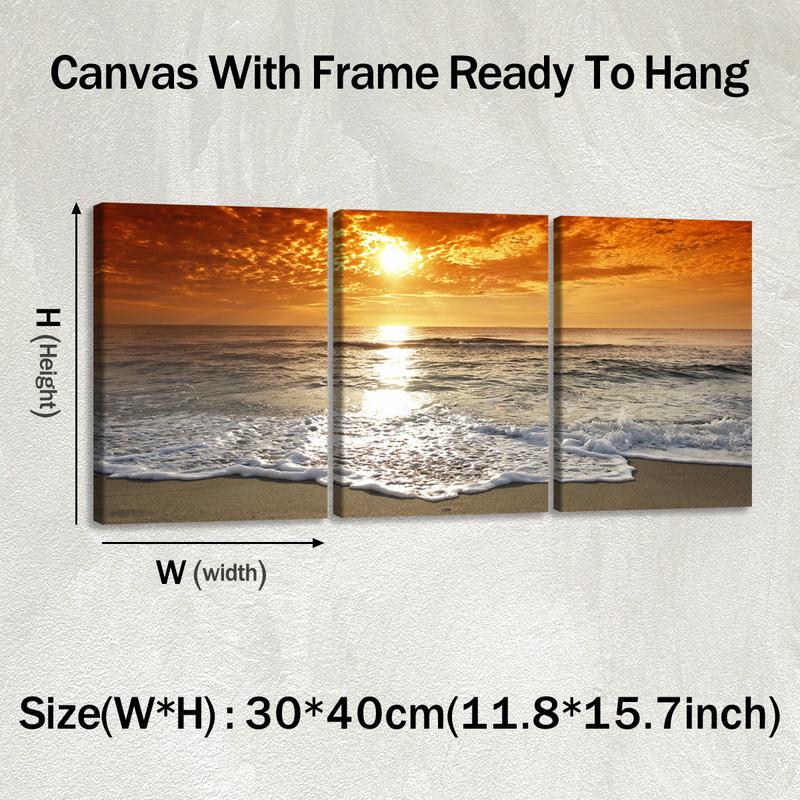 3Pcs Wooden Framed Canvas Painting, Ocean Sunset Beach Waves Scene, Exquisite Poster, Home Decoration, Pattern Wall Art Decor, For Living Room, Bedroom, Office, Restaurant, Bar Wall Decor, Odorless, Painting, Print Artwork.