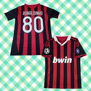 Classic Home Rossoneri Striped No. 80 Ronaldinho Premium Short-Sleeve Retro Soccer Jersey (Fan Edition)