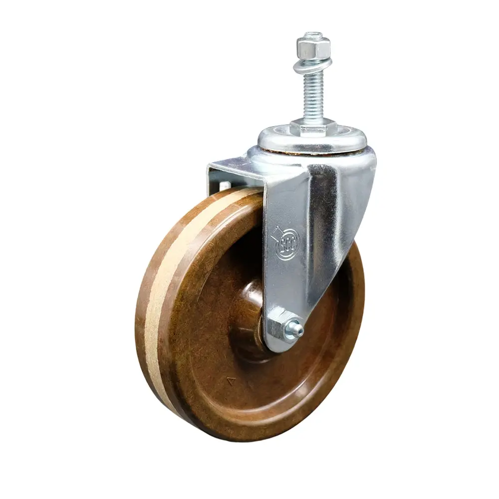 212 MAIN Heavy Duty High Temperature Phenolic Swivel Threaded Stem Caster - 300 lbs Capacity, 5 x 1.25 in Brown Swivel Wheels, 10 mm Stem, Roller Bearing, Hardware for Bakery Racks, Carts (Service Caster SCC-TS20S514-PHRHT-M1015)