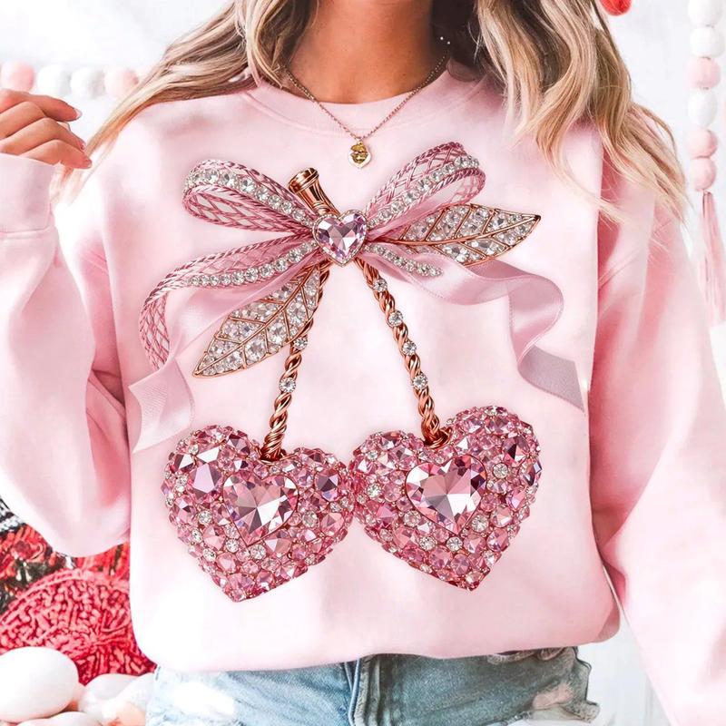 [Valentine Collection] Women’s Pink Heart Cherry Bow Sweater – Sparkling Rhinestone Graphic Sweatshirt, Soft Long Sleeve Pullover, Perfect Valentine’s Day Gift, Gift for Her