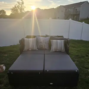 COSTWAY Patio Rattan Daybed, Patiojoy Wicker Daybed Lounger w/Retractable Canopy, 2 Foldable Side Panels, Thick Seat & Back Cushions, Double Conversation Bed for Garden, Backyard, Porc