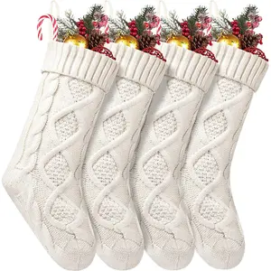 4 Pack Christmas Stockings 18 Inches Large Size Cable Knitted Stocking Gifts & Decorations for Family Holiday Xmas Party, Ivory White Set Hand
