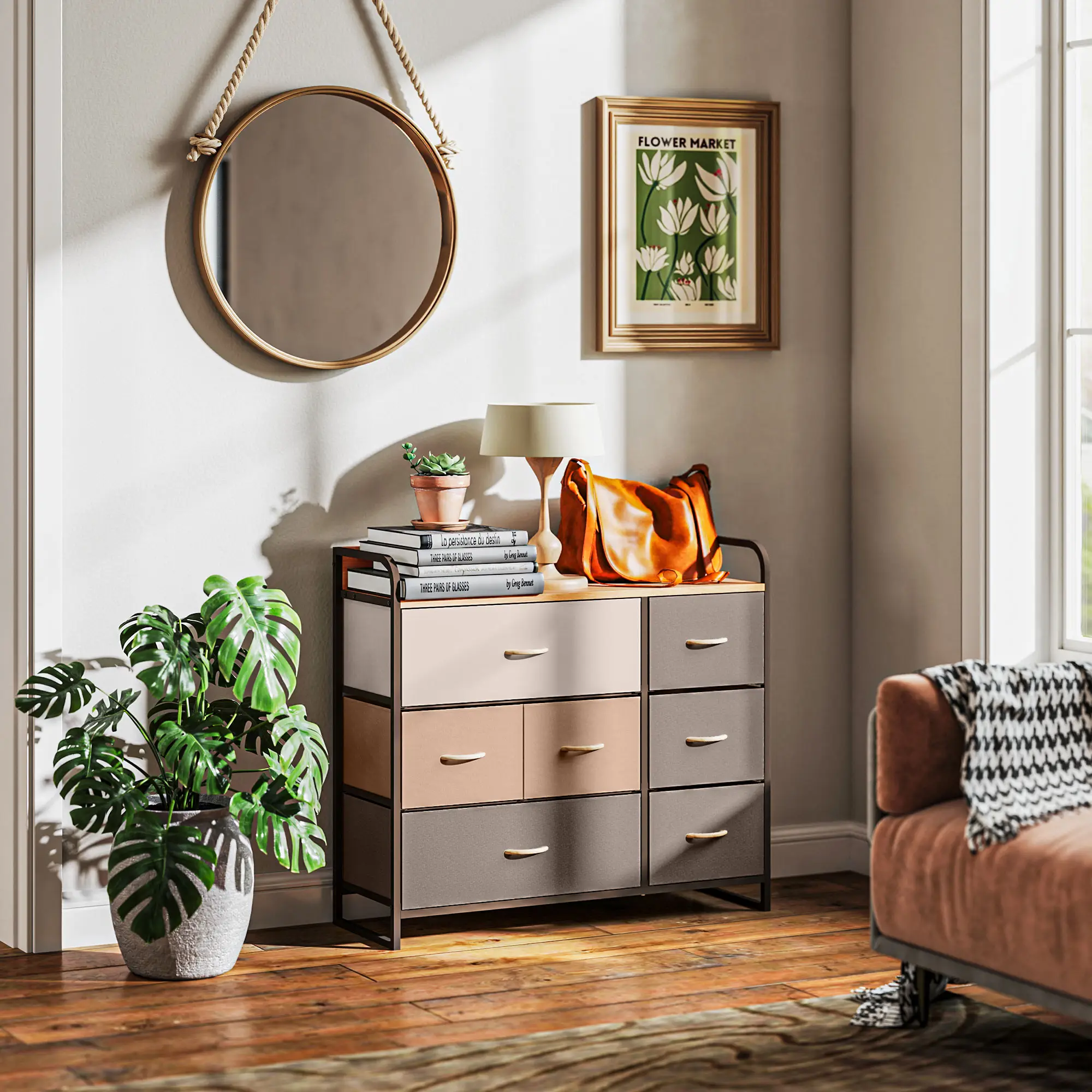 HOMCOM Dresser for Bedroom, Fabric Chest of Drawers, Tall Dresser Storage Tower with Steel Frame and Tabletop for Closets, Nursery Room