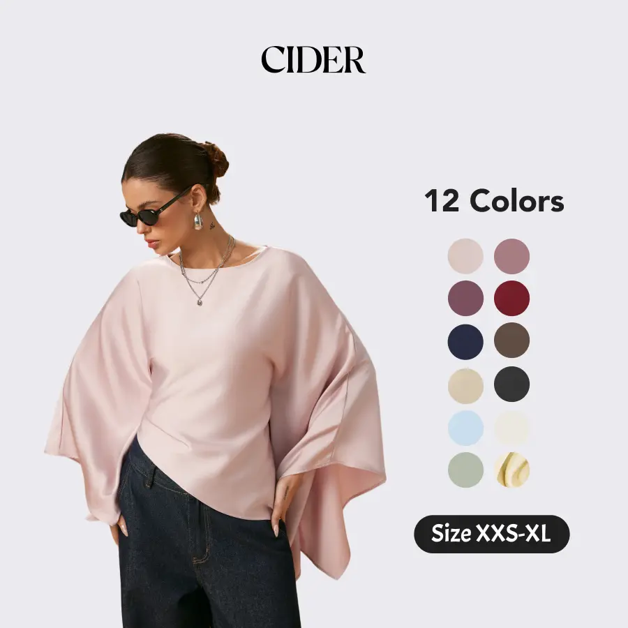 Cider Satin Boat Neck Bell Sleeve Asymmetrical Blouse