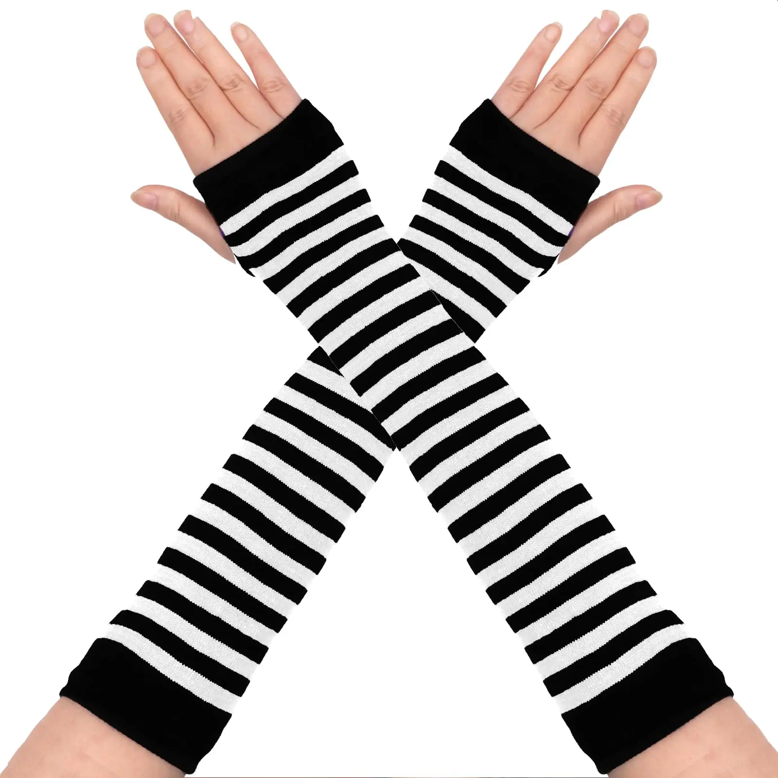 BIGWIG Women's Knitted Cotton Fingerless Elbow-Sleeve Casual Fashion Gloves - 1 Pair, Punk Gothic Striped, Durable, Hand Washable, Sun Protection, Emo Accessories, Ideal Gift for Women