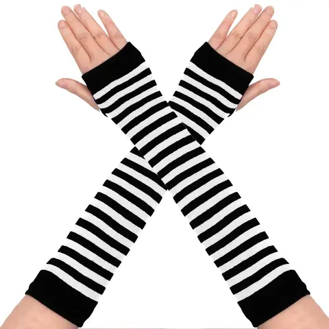 BIGWIG Women's Black White Striped Durable Breathable Knit Fingerless Elbow-Length Cotton Gloves - 1 Pair, Punk Gothic Emo Accessory, Halloween/Concerts Everyday Wear, Elastic, Sun Protection, Hand/Machine Washable, Female Gift