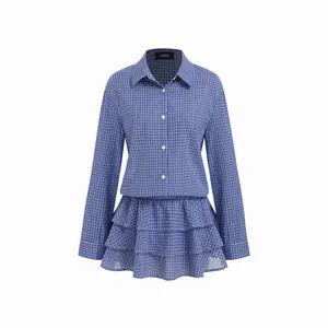Cider Cotton-blend Plaid Collar Long Sleeve Ruffle Layered Mini Romper