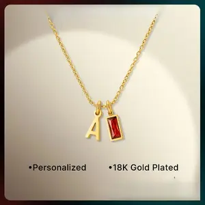 18K Gold Plated Initial Letter A Pendant with Rectangle Red Crystal CZ Dainty Cable Chain Personalized Alphabet Charm for Women Daily Birthday Jewelry Gift nut