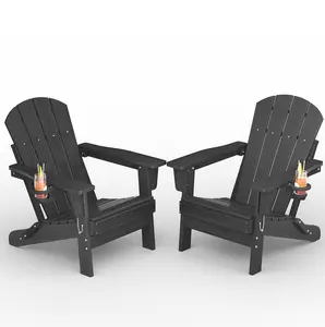 Folding Adirondack Chair Set of 2, HDPE Outdoor Patio Chair with Cup Holder, All Weather Resistent Wooden Textured for patios, Decks, Gardens, fire Pit, Black