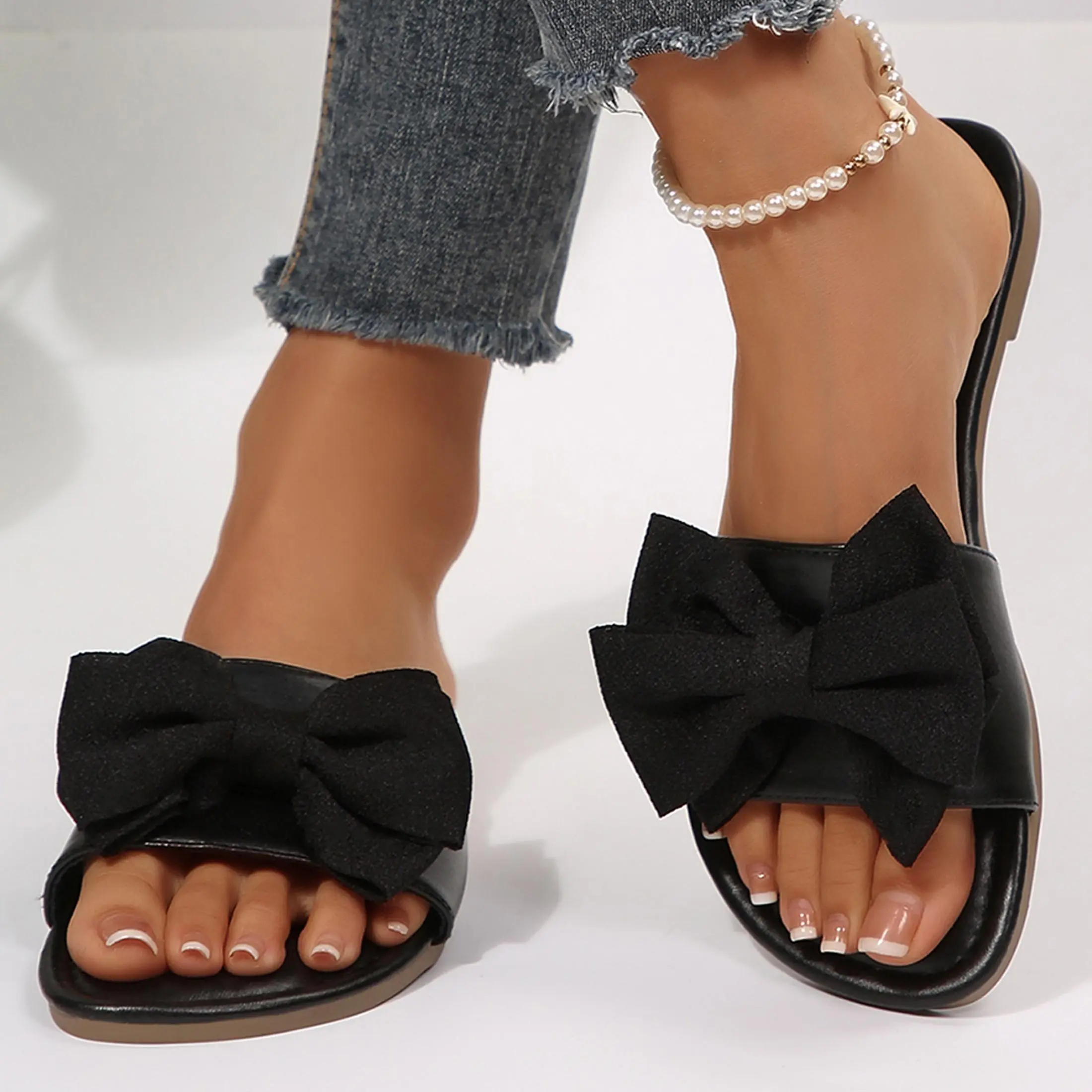 Women's Bow Knot Sandals Slides Round Open Toe Flat Sandals Summer Slip On Slippers
