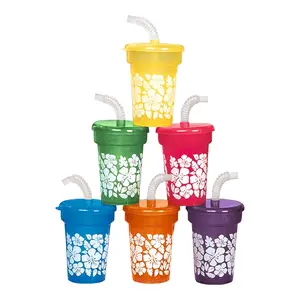 6 oz. Mini Hibiscus Reusable BPA-Free Plastic Cups with Lids & Straws - 12 Ct.