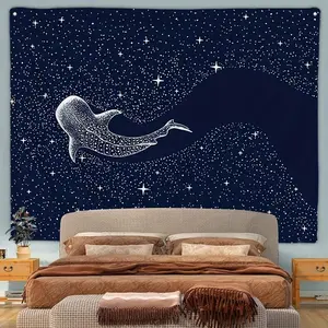 Ocean Animal Blue Whale Print Tapestry,  Polyester Wall Hanging for Living Room, Bedroom Decor, Horizontal Orientation, Knitted Peach Skin Velvet Fabric, Island, Sofa, Background Wall Home Art Decoration