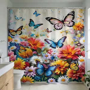 1 Pc Transform your bathroom with vibrant butterfly and flower design shower curtain perfect for home decoration enhancing your bathroom design with bright colors and floral print ideal for a cozy ambiance and stylish bathroom renovation adding color and