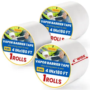 3 Rolls Vapor Barrier Tape, White Moisture Barrier Tape for Crawl Spaces, Polyethylene Tape for Underlayment, Waterproof Seam Tape for Insulation, Plastic Liners (4" x 180 ft Each Roll)