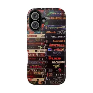 Tough Phone Case: Vintage Spooky Horror Movie VHS Tape Collage for iPhone 11, 12, 13, 14, 15, 16, 17 Pro Max Plus. Retro 80s 90s Classic Film Fan Cover with Halloween & Friday the 13th Waterproof Design.
