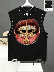 Men's Casual Graphic Tank Top Sleeveless, Luxurious Rhinestone Lip Gold Tooth Print, Comfortable Fabric, Trendy Streetwear, Music Festival
