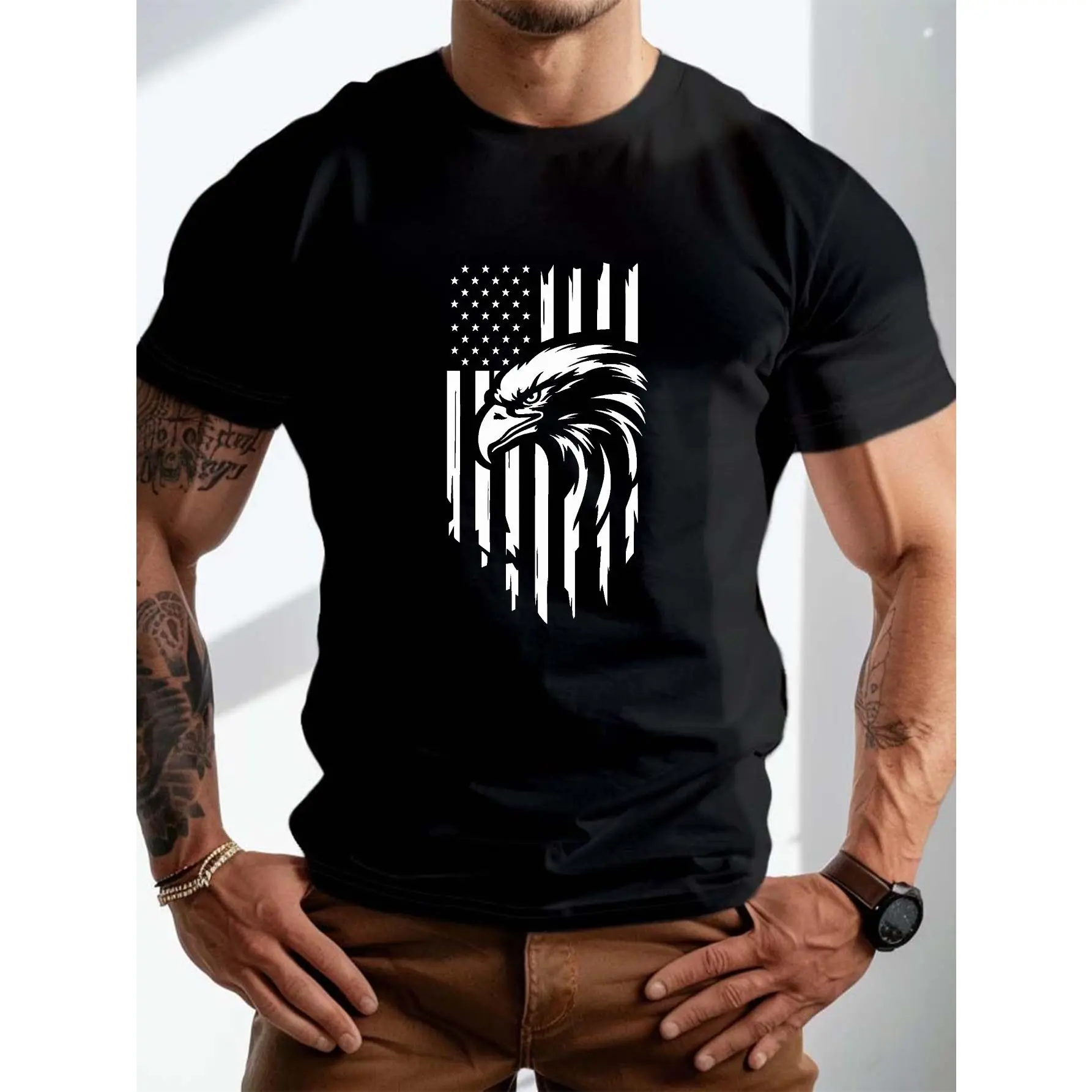 Cotton short sleeve T-shirt plus size big & tall men's flag eagle graphic print short sleeve summer T-shirt for daily life