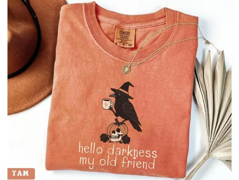 Comfort Colors Funny Gothic Raven Coffee Shirt, Witchy Crow Graphic Tee, Spooky Fall Coffee Lover T-Shirt, Vintage Halloween Raven Apparel