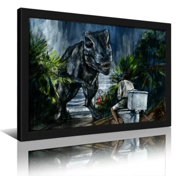 Jurassic Park Toilet Scene Canvas Poster - Funny Tyrannosaurus Rex Movie Sketch Unframed Print, Black Aluminum Frame Option, Demon Slayer Magazine Wall Ornament for Bathroom Decor, Gift for Dinosaur Fans