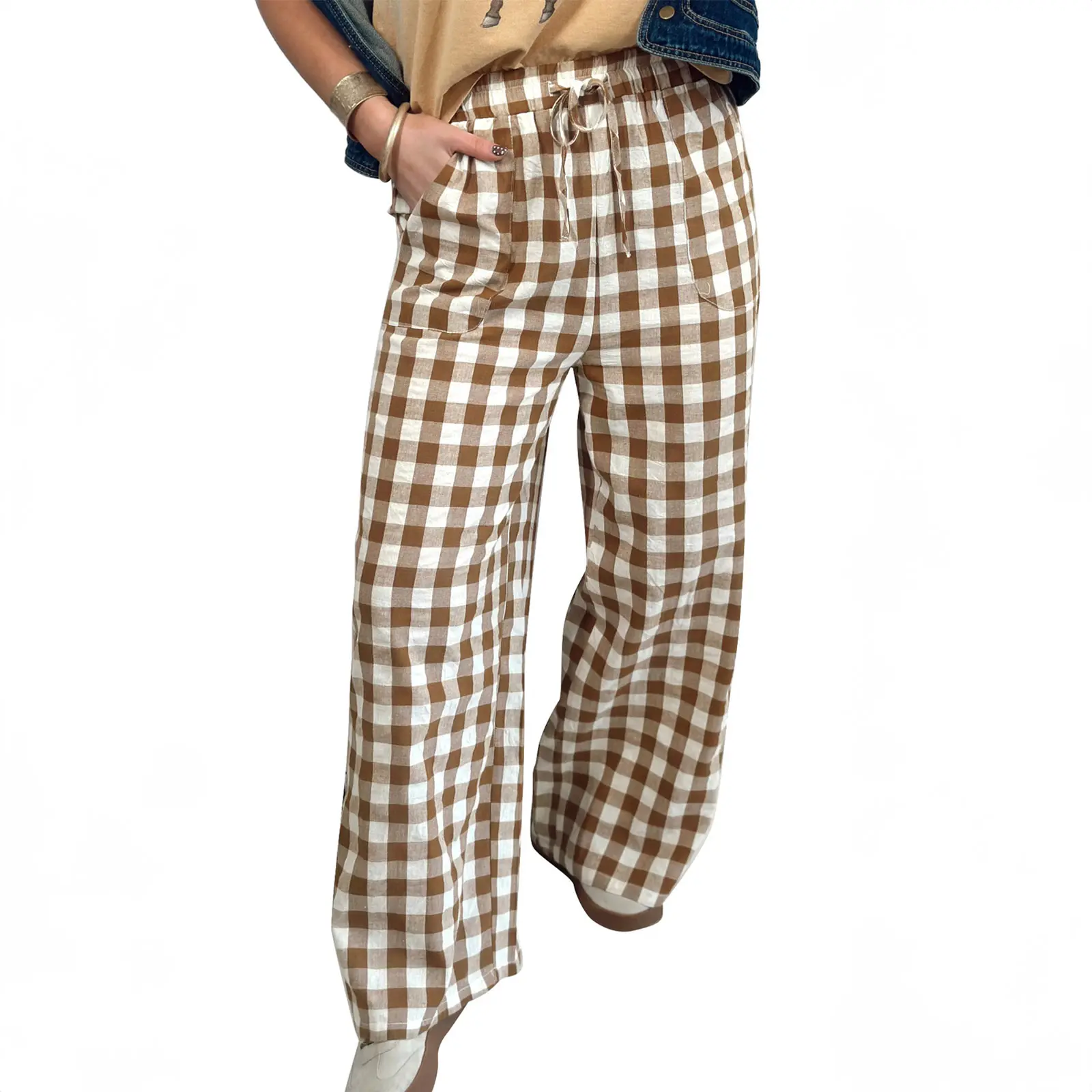 Hotapei Women's Plaid Print Wide Leg Pants High Elastic Waist Drawstring Loose Casual Trousers with Pockets Red Brown Checkered Pants Cute Vintage Style Trendy Streetwear Baggy Comfy Bottoms Relaxed Fit Loungewear Long Harem Pants Y2K Fashion Apparel