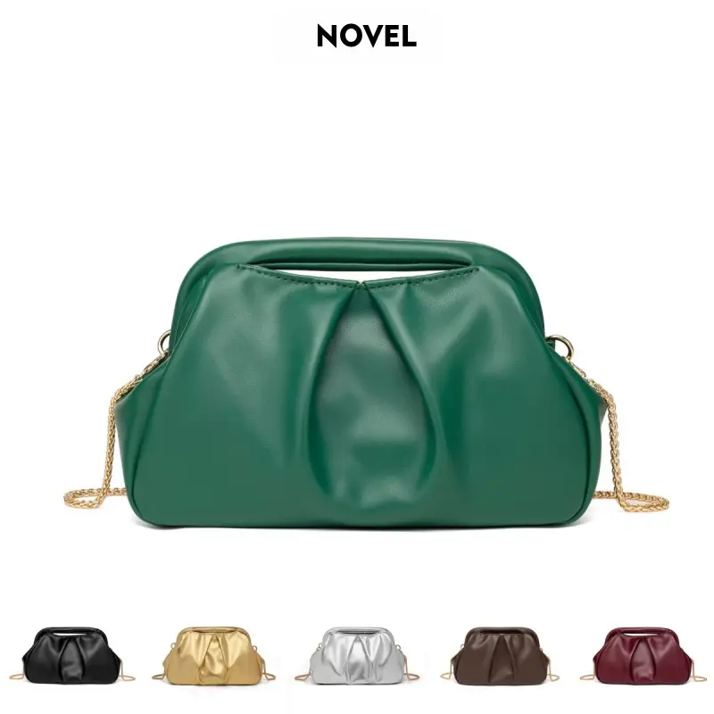 NOVEL High-Quality Leather Women's Chain Shoulder Crossbody Bag - New Arrival Elegant Cute Mini Cloud Bag with Ladu Wrapping, Unique Clip-On Evening Clutch (Silver, Gold)