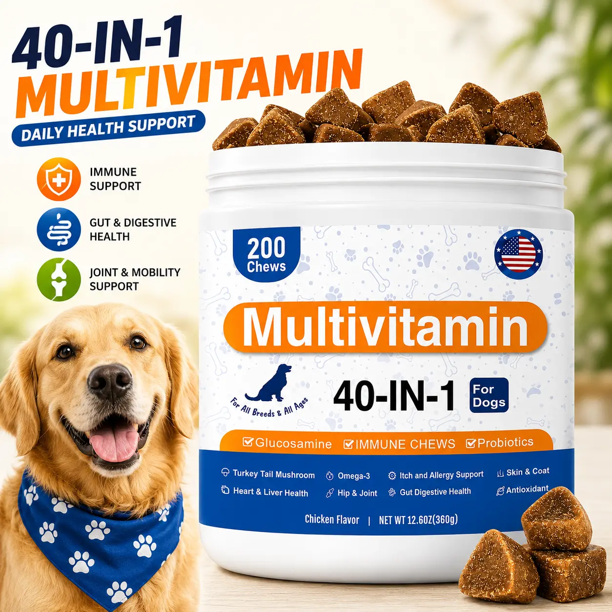 40-in-1 Multivitamin Soft Chews for Dogs, Chicken Flavor, Dog Vitamins Supplements with Probiotics, Omega-3 & Glucosamine, Supports Skin Coat, Joint, Heart, Liver, Brain, Eye & Immune Health（200ct）