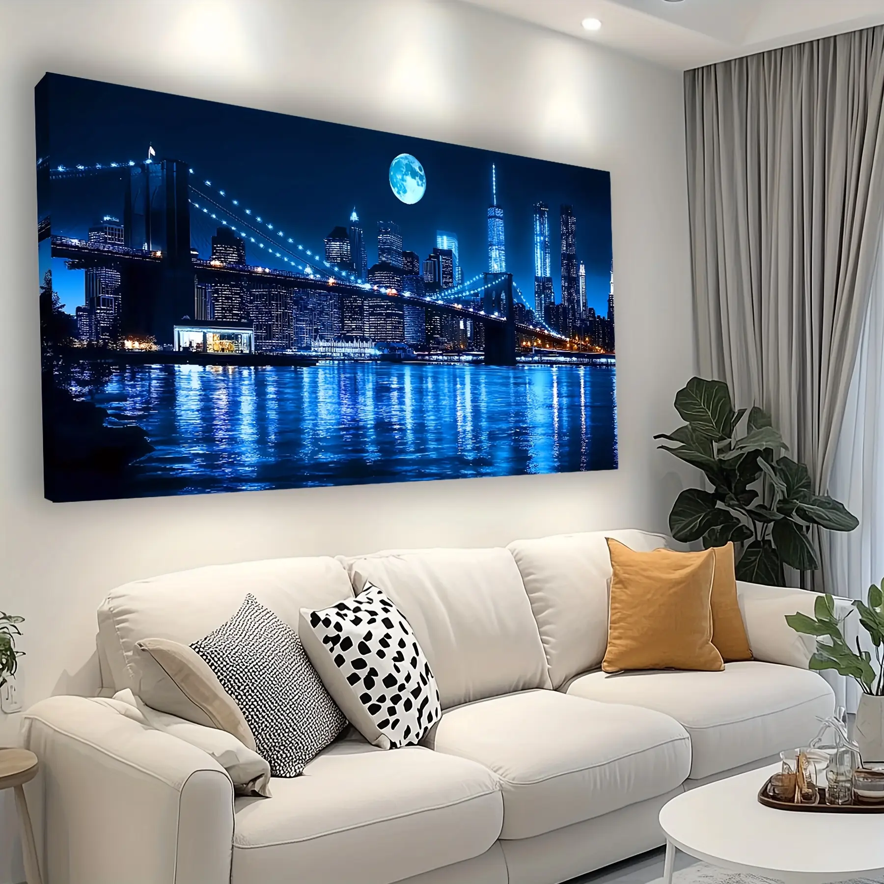 Artistic Dark Blue Cityscape Canvas Print Mural, High-Quality Waterproof UV-Resistant Vibrant Wall Arts, Home Decoration Gift for Living Room Bedroom, Waterproof Art, Room Art