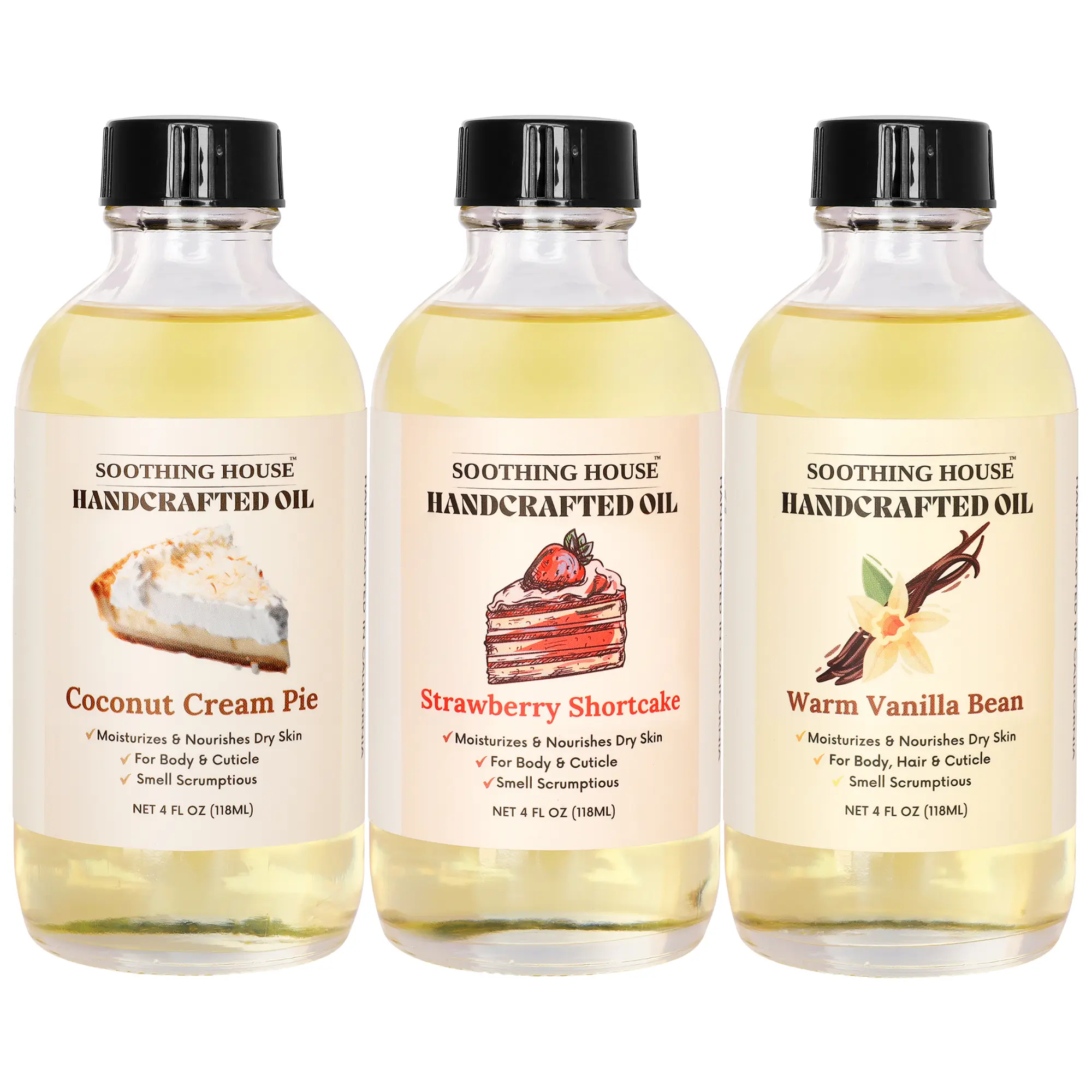 Viral Favorites Trio Bundle - 3x4oz Fragrance Perfume Body Oils (Coconut Cream Pie, Vanilla Bean Vanilla Scents, Strawberry Shortcake) - Sweet, Long-Lasting Aroma for Soft, Radiant Glowing Skin
