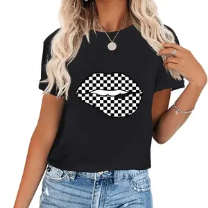 180g[100%cotton]Short Sleeve Womens Fun Checkered Black White Lip Gift Cute Checkerboard Women T-Shirt for Men Women