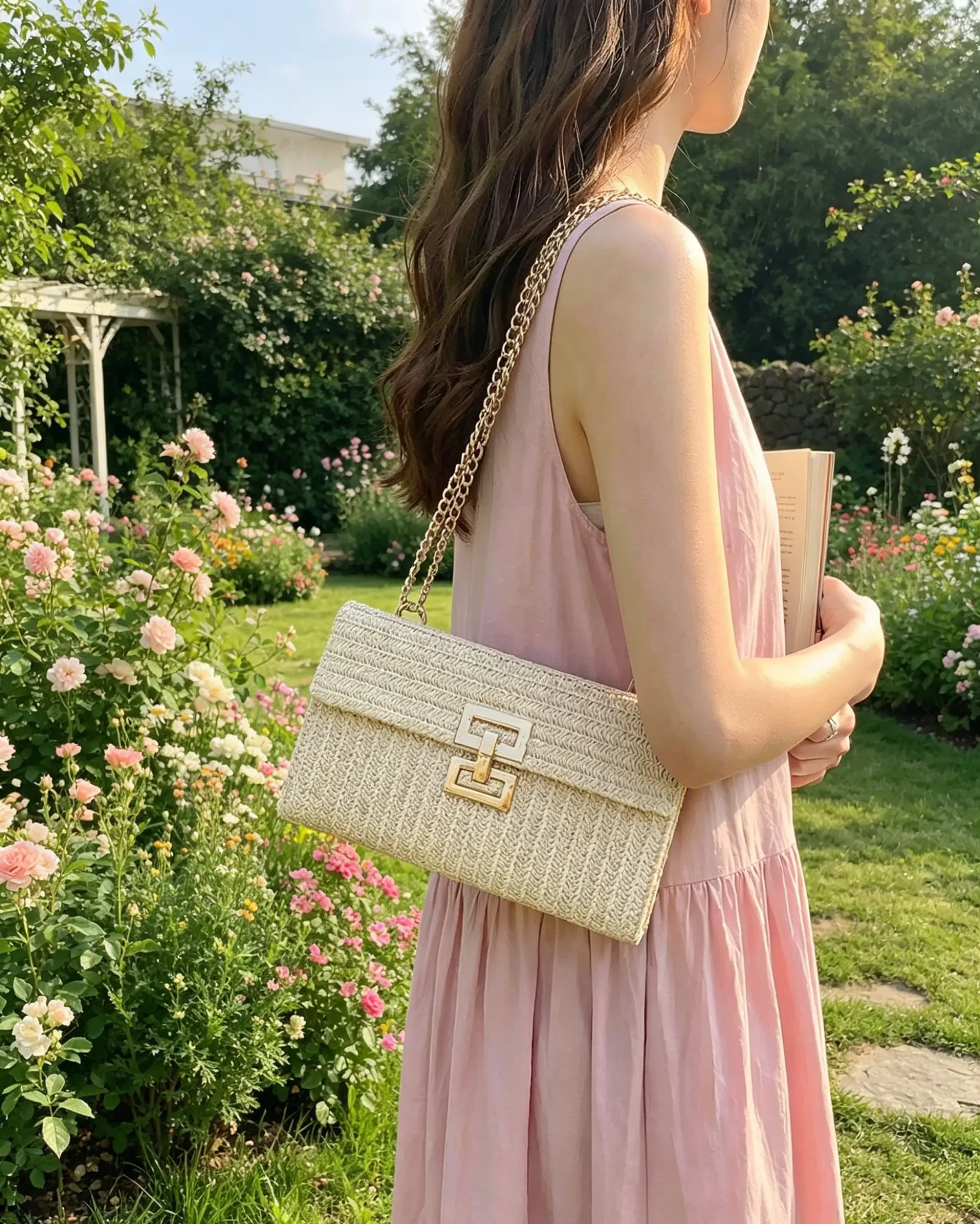 Women's Stylish Woven Crossbody Bag, Colorful Chain Accent Straw Envelope Clutch with Flap Closure & Multi-Layer Chain Strap for Casual Vacation (Sports & Outdoor Accessory)