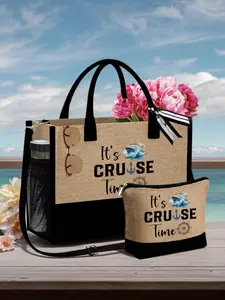 Cruise Themed Linen Beach Tote Bag For Women, Casual Tote Bag, Handbag & Cosmetic Bags, Lightweight Foldable Storage Bag, Tote & Makeup Pouch Set, Vacation Style Letter Design Bag For Shopping Outfits, Suitable For Beaches, Holidays