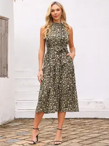 INSPIRE CHIC Women's Halter Dress Leopard Print Tiered Belt Waisted A-Line Flowy Cocktail Midi Summer Long Dresses