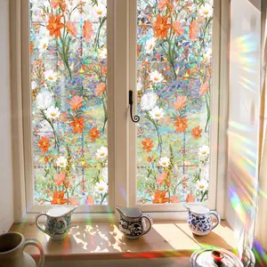 39x17in Flowers Window Film, Privacy Static Cling Glass Decal, Non-Adhesive Colorful Sticker, Removable Door Film Window Covering For Bedroom Bathroom