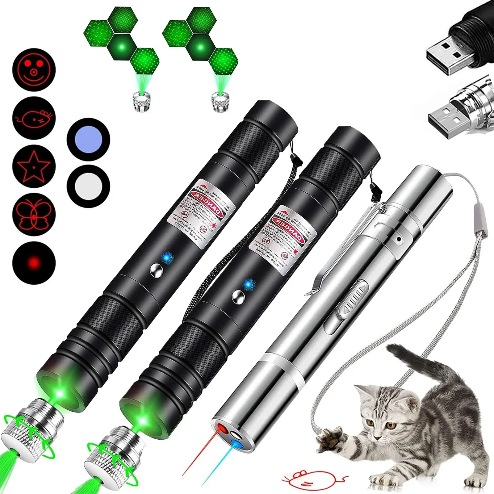 3-Piece USB Rechargeable Pet Laser Toy Set, Handheld Laser Pen, Silver Color Laser Pointer with 5 Adjustable Modes, Training & Fun for Cats & Dogs
