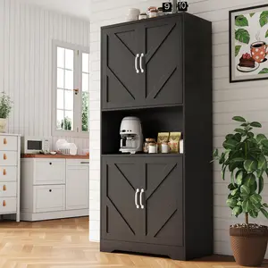 Garvee 70" Kitchen Pantry Storage Cabinet, Farmhouse Kitchen Hutch Cabinet with 4 Doors & 2 Adjustable Shelves, Freestanding Cupboard with Microwave Stand for Dining Room,Living Room,Black
