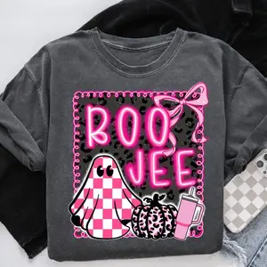 Coquette Halloween Pink Halloween Tshirt, Boo Jee Bow Frame Checkered Glitter Leopard Ghost Pumpkin Shirt, Trendy Graphic Tee Top Womenswear