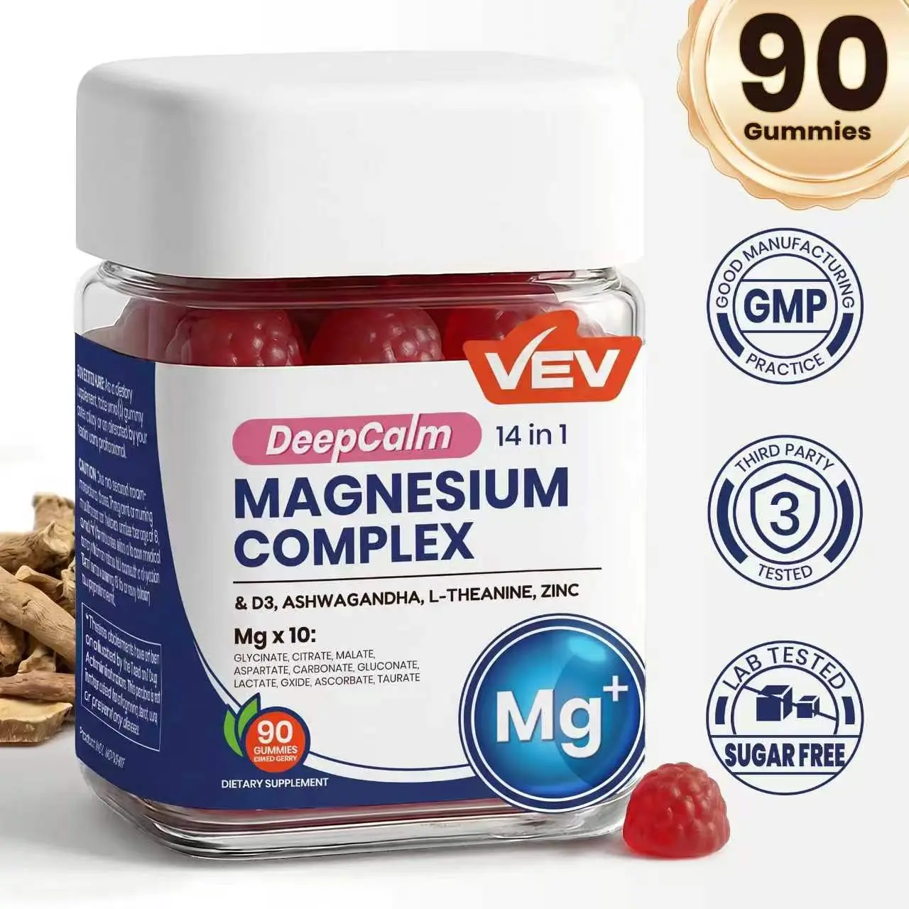 VEV DeepCalm 14-in-1 Magnesium Gummies Complex - Magnesium Glycinate, D3, Ashwagandha, L-theanine, Zinc - 90 Count, Vegan, No Sugar, Anxiety Relief, Calm & Sleep Support, Emotional Regulation Blended Vitamins & Minerals Supplements, Anxiety Relief Blended