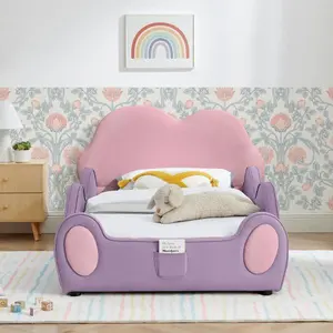 Bellemave  Double Cute Cloud Shaped PU Leather Bed with Guardrail, Safe Preschool Bed, Thoughtful Cartoon Design and Storage Bag