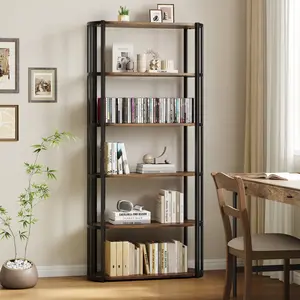 71 Inch Tall 6-Tier Industrial Freestanding Bookshelf, Heavy Duty Metal Frame with Wood Grain Storage Shelves, Open Display Rack for Living Room, Bedroom, Home Office, Kitchen & Garage, White/Black/White&Gold