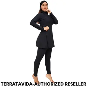 BALI NOIR - MADAMME BK - 3: PIECE MODEST SWIMSUIT (ONE-PIECE LONG SLEEVE BODYSUIT FLOWING INTO CROSSOVER SWIM SKIRT SOLID BLACK, SLIM-FIT SWIM TIGHTS IN BLACK COLOR, PRE-TIED KNOT SWIM TURBAN IN BLACK) BURKINIS ( AUTHORIZED RESELLER)