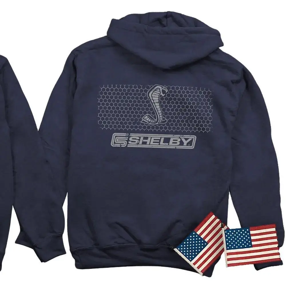 Shelby Cobra Grille Hoodie  -  Men's Navy Pullover Sweatshirt - Iconic Snake Logo & Honeycomb Design - Car Enthusiast Automotive Apparel Gift