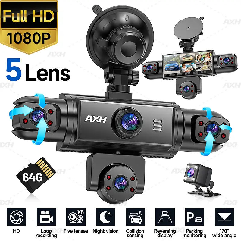 AXH 5 Channel Car Dashcam Set with Snap Mount for Cars/Minivans, 1080P+720P Resolution, 360° Full Coverage DVR, Night Vision, G-Sensor, Loop Recording, Motion Detection, Free 64GB Memory Card