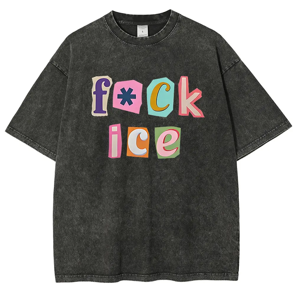 Women's Acid Washed Cotton Unisex T-Shirt Tops - F*ck Ice Magazine Letters, Anti-Trump, Anti-Maga, FDT, Protect Immigrants, No Human Is Illegal, Leftist Message