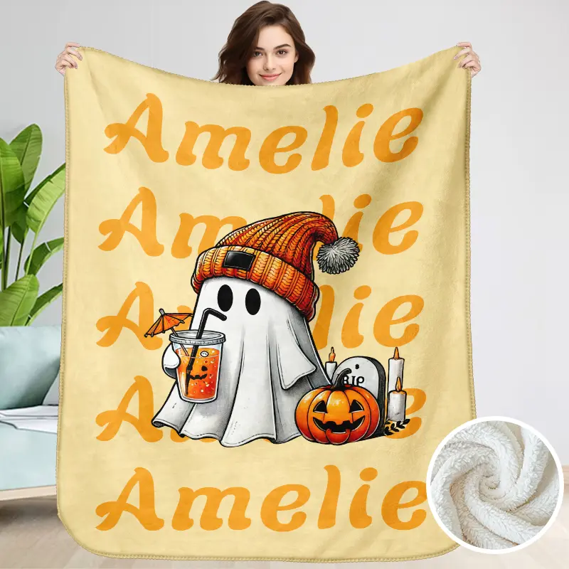 Personalized Name Sherpa Soft Halloween Blanket, Cute Ghosts Blanket, Custom Name Soft Cozy Sherpa Blanket, Spooky Season Gift for Daughter, Kid