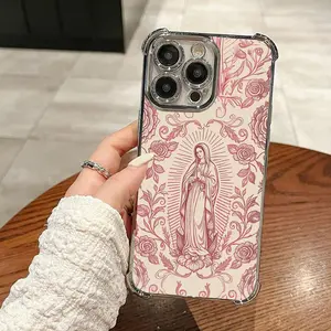 Pink Rose Vine Virgin Mary Pattern Four Comers Air Cushion Anti-drop phone case Suitable for iPhone 17 Pro Max 16 15 14 13 12 11 Pro Max Plus electroplated anti drop case Screen Protector Protection Protective Cover Smartphone Casing Shockproof Cellphone