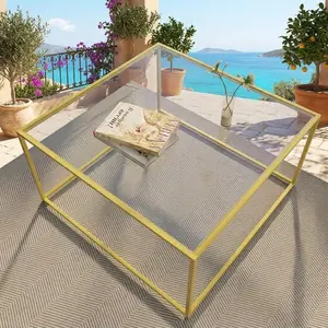 Gold Glass Coffee Table, Modern Minimalist Center Tea Table, Square Tempered Glass Top with Heavy-Duty Metal Frame, Anti-Scratch Easy Clean Sofa Side Table, Home Decor Accent Furniture for Living Room Bedroom Office