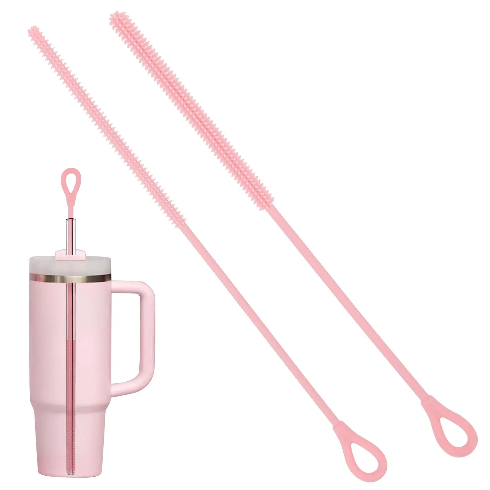 2pcs Silicone Straw Cleaner Brush  9.84in Reusable With Bendable Steel Core Extra Long Soft Bottle For Clearing Glass Straws Smoothie 9mm&6mm (pink)